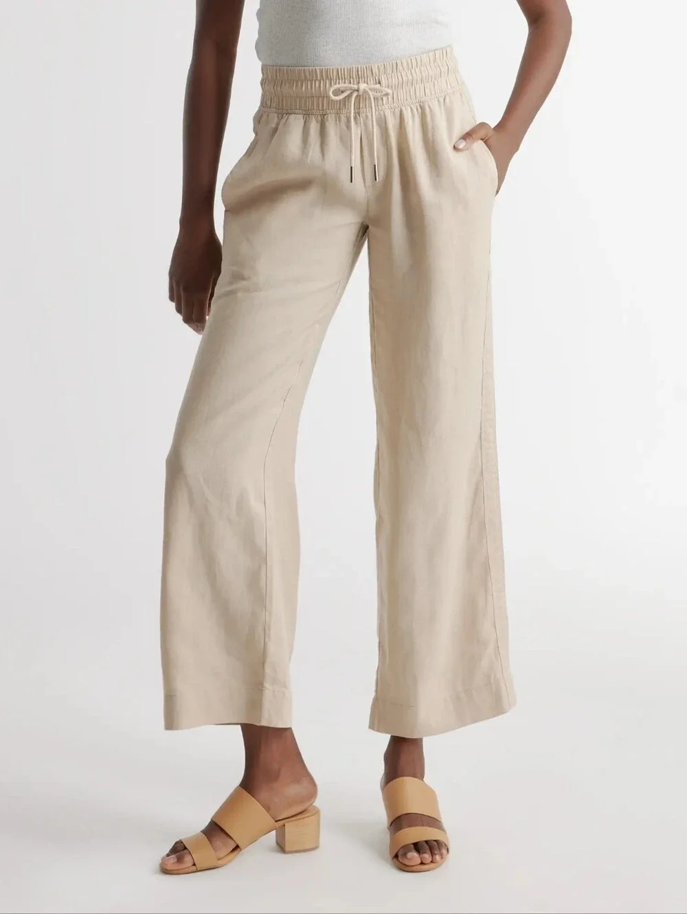 Quince 100% european linen wide leg relaxed pants in driftwood, cream tan, small